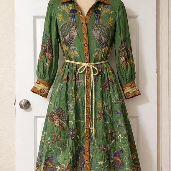 ALÉMAIS Birdie Green Ramie Shirt Dress - Printed Midi - Size US 10 / AU 14 - Picture 5 of 5